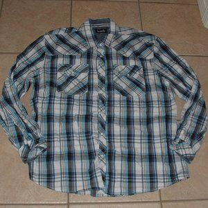 Mens Sz 2X Casual Wear Blue Plaid Snap Front Cotton Cowboy Western Style Shirt